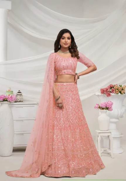 Peach color White Pearl Work Embroidered Bridal Lehenga Choli