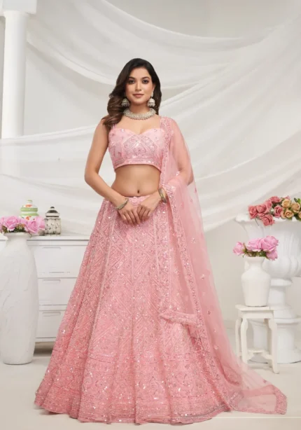 Peach Color Zig-Zag Pattern Embroidered Bridal Lehenga Choli