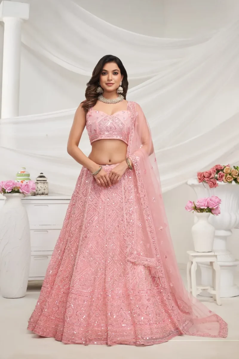 Peach Color Zig-Zag Pattern Embroidered Bridal Lehenga Choli
