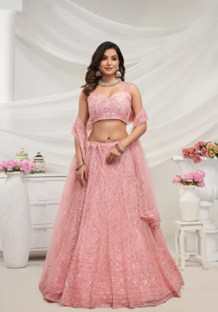 Peach Color Zig-Zag Pattern Embroidered Bridal Lehenga Choli