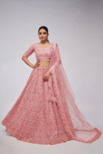 pink color leaves pattern sequins embroidered soft net bridal lehenga choli