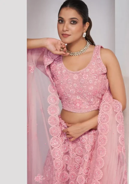 pink floral print sequin thread work soft net fabric bridal lehenga choli