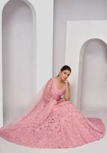 pink floral print sequin thread work soft net fabric bridal lehenga choli