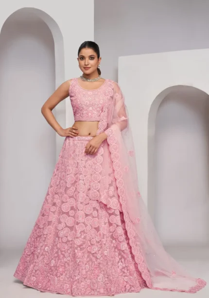 pink floral print sequin thread work soft net fabric bridal lehenga choli