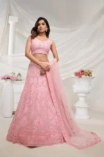 pink rhinestones zari sequins work soft net fabric bridal lehenga choli