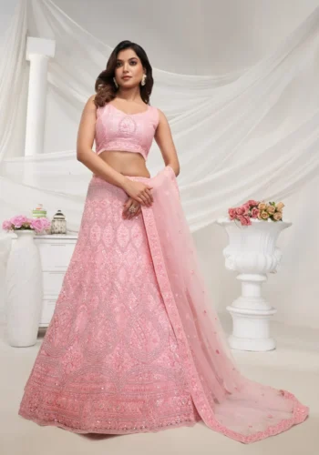 pink rhinestones zari sequins work soft net fabric bridal lehenga choli