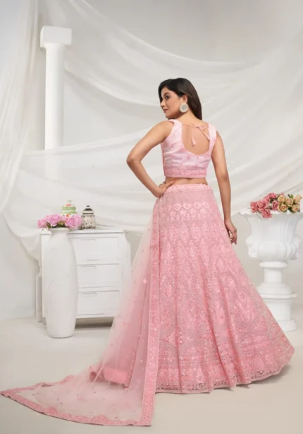 pink rhinestones zari sequins work soft net fabric bridal lehenga choli