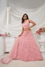 pink rhinestones zari sequins work soft net fabric bridal lehenga choli