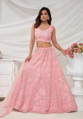 pink rhinestones zari sequins work soft net fabric bridal lehenga choli