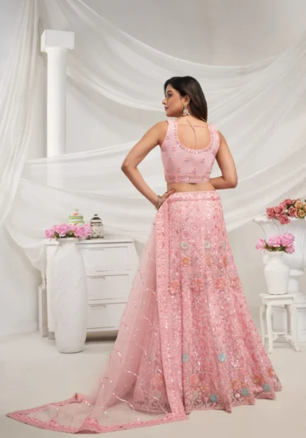 pink sequin stone work embroidered bridal lehenga choli