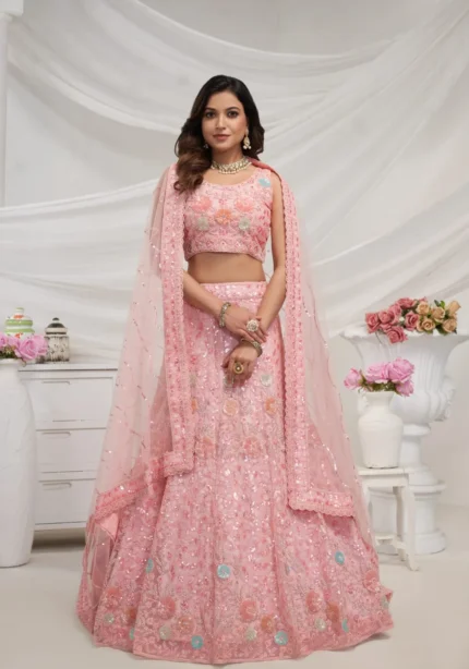 pink sequin stone work embroidered bridal lehenga choli