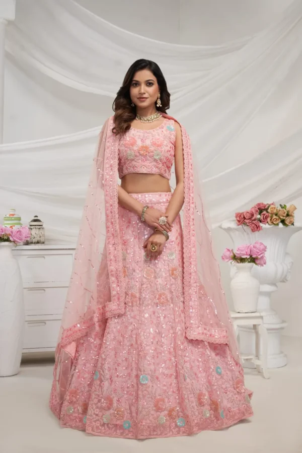 pink sequin stone work embroidered bridal lehenga choli