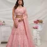 pink sequin stone work embroidered bridal lehenga choli
