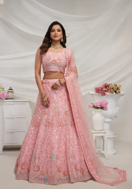 pink sequin stone work embroidered bridal lehenga choli