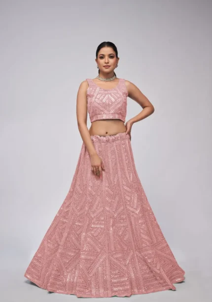 Pink Color Vertical Leaves Pattern Sequins Embroidered Bridal Lehenga Choli