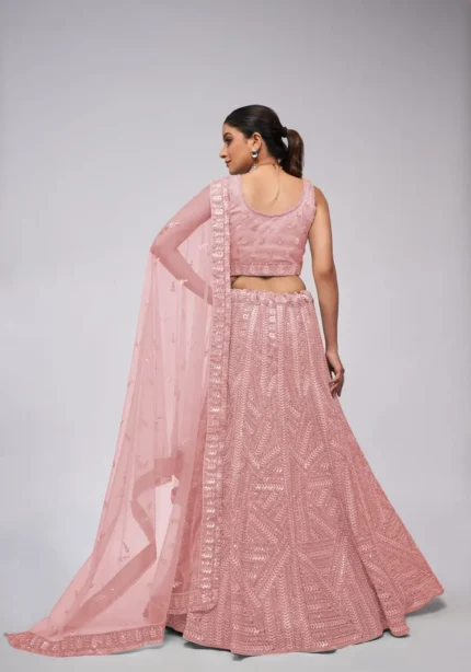 Pink Color Vertical Leaves Pattern Sequins Embroidered Bridal Lehenga Choli