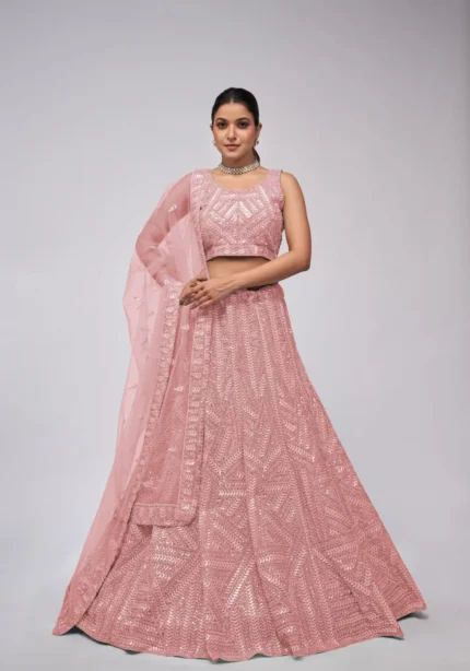 Pink Color Vertical Leaves Pattern Sequins Embroidered Bridal Lehenga Choli