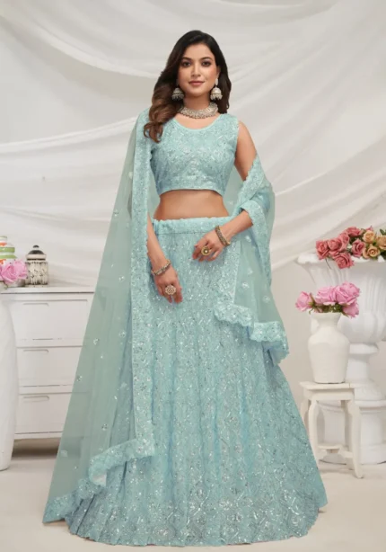 sky blue Diamond Pattern Sequin Embroidered Bridal Lehenga Choli