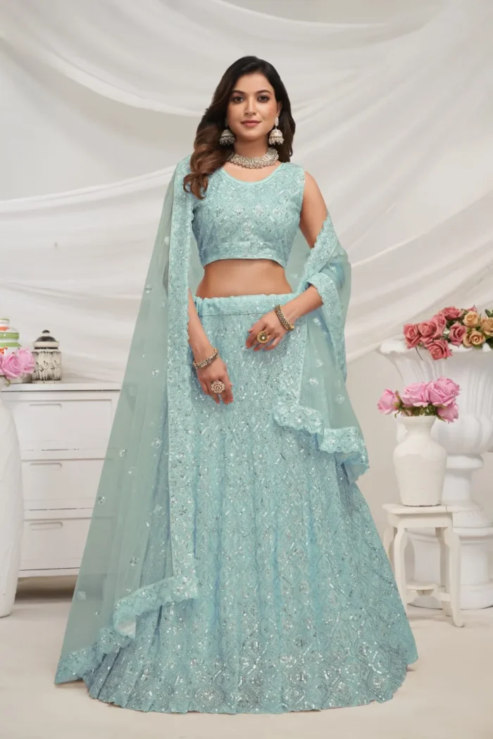 sky blue Diamond Pattern Sequin Embroidered Bridal Lehenga Choli