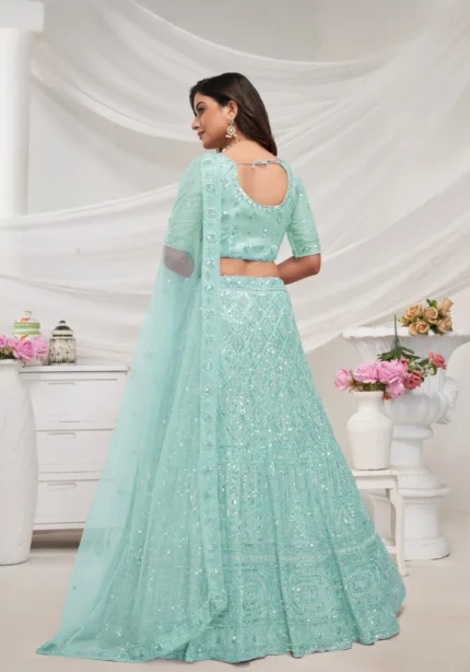 Sky Blue color White Pearl Work Embroidered Bridal Lehenga Choli