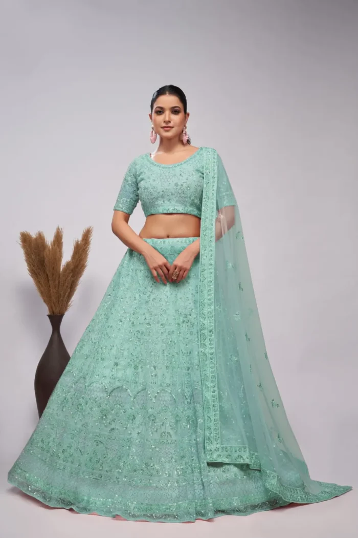 sky blue color soft net sequins embroidered bridal lehenga choli