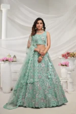 sky blue color soft net fabric multi color thread radiant mirror and sequence work embroidered bridal lehenga choli