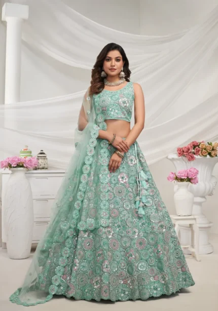 sky blue color soft net fabric multi color thread radiant mirror and sequence work embroidered bridal lehenga choli