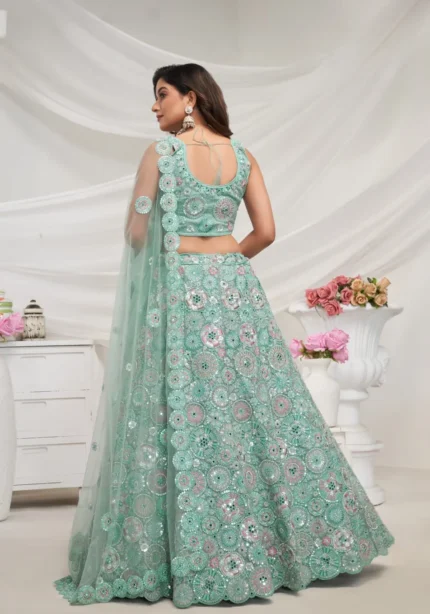 sky blue color soft net fabric multi color thread radiant mirror and sequence work embroidered bridal lehenga choli