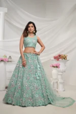 sky blue color soft net fabric multi color thread radiant mirror and sequence work embroidered bridal lehenga choli