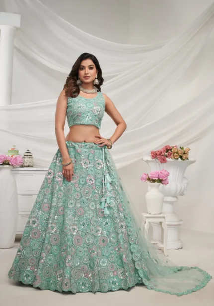 sky blue color soft net fabric multi color thread radiant mirror and sequence work embroidered bridal lehenga choli