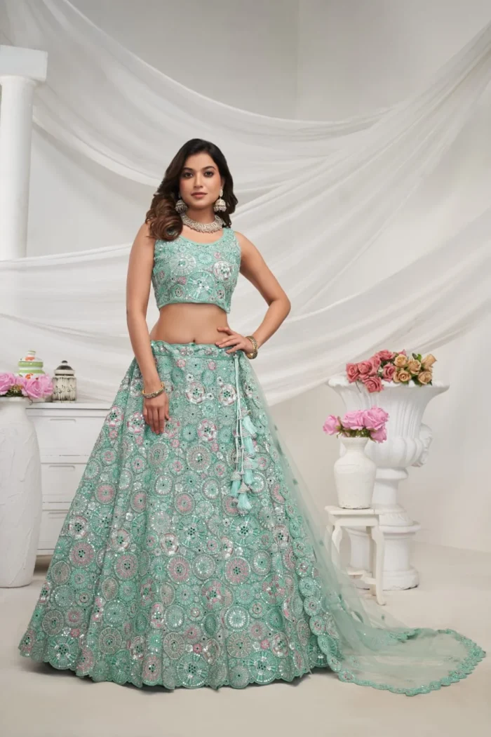 sky blue color soft net fabric multi color thread radiant mirror and sequence work embroidered bridal lehenga choli