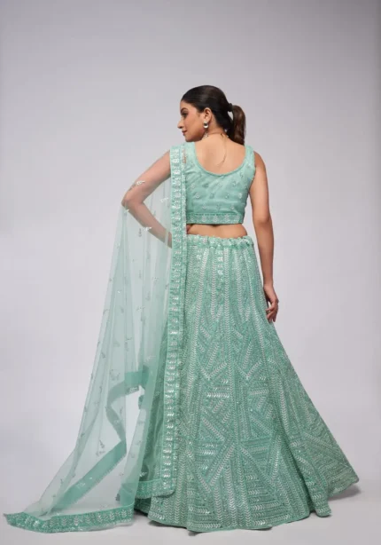 Sky Blue Color Vertical Leaves Pattern Sequins Embroidered Bridal Lehenga Choli