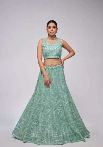 Sky Blue Color Vertical Leaves Pattern Sequins Embroidered Bridal Lehenga Choli