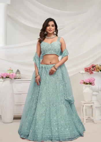 Sky blue Color Zig-Zag Pattern Embroidered Bridal Lehenga Choli