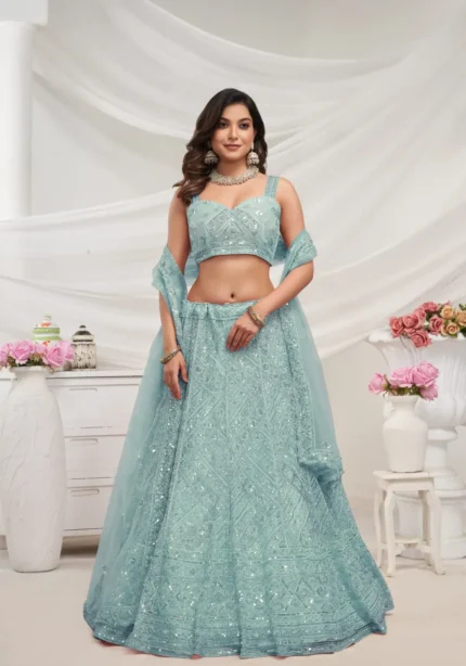 Sky blue Color Zig-Zag Pattern Embroidered Bridal Lehenga Choli