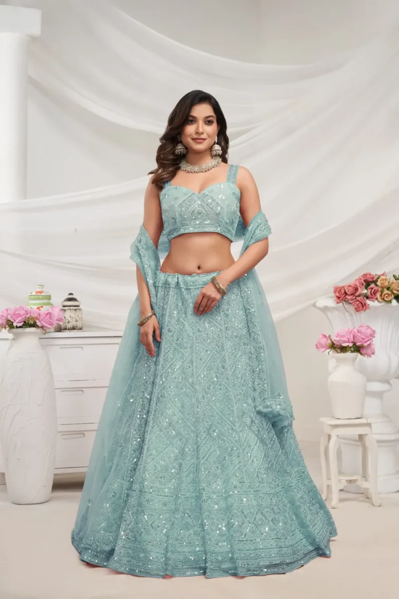 Sky blue Color Zig-Zag Pattern Embroidered Bridal Lehenga Choli