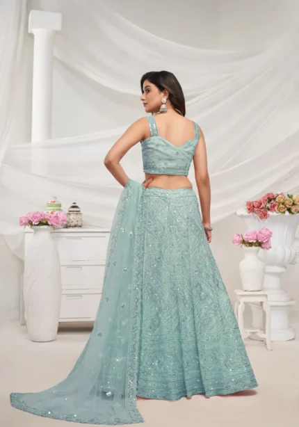 Sky blue Color Zig-Zag Pattern Embroidered Bridal Lehenga Choli