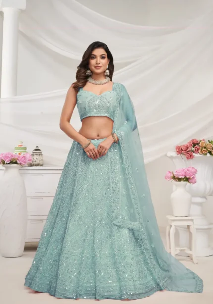 Sky blue Color Zig-Zag Pattern Embroidered Bridal Lehenga Choli