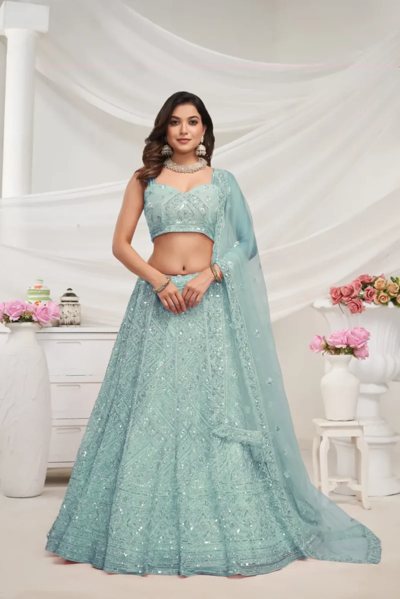 Sky blue Color Zig-Zag Pattern Embroidered Bridal Lehenga Choli