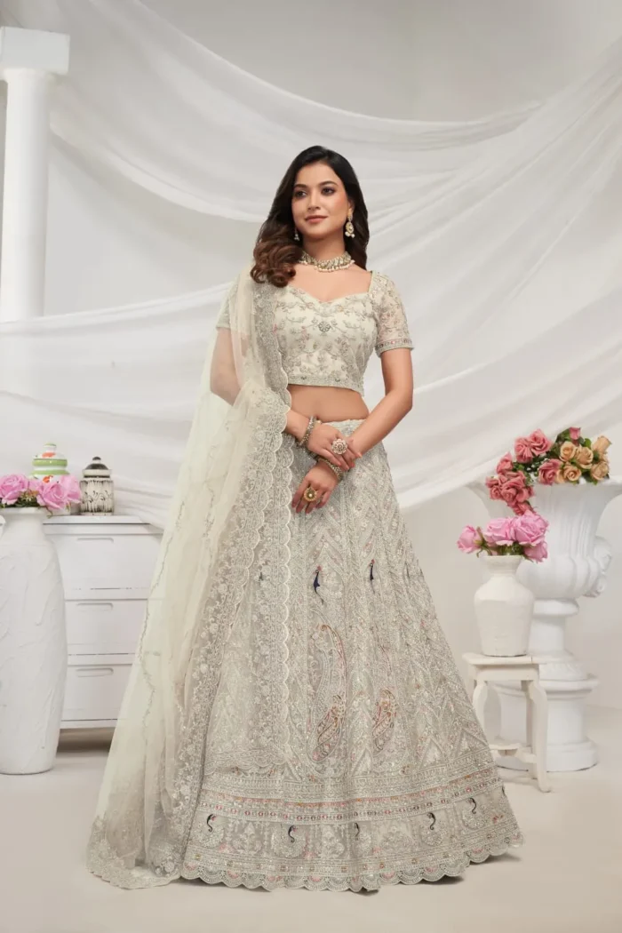 Ivory White color sequins stone work soft net bridal lehenga choli