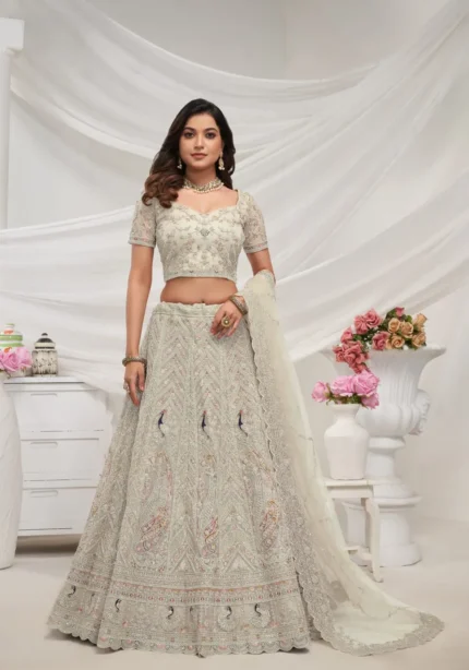 Ivory White color sequins stone work soft net bridal lehenga choli