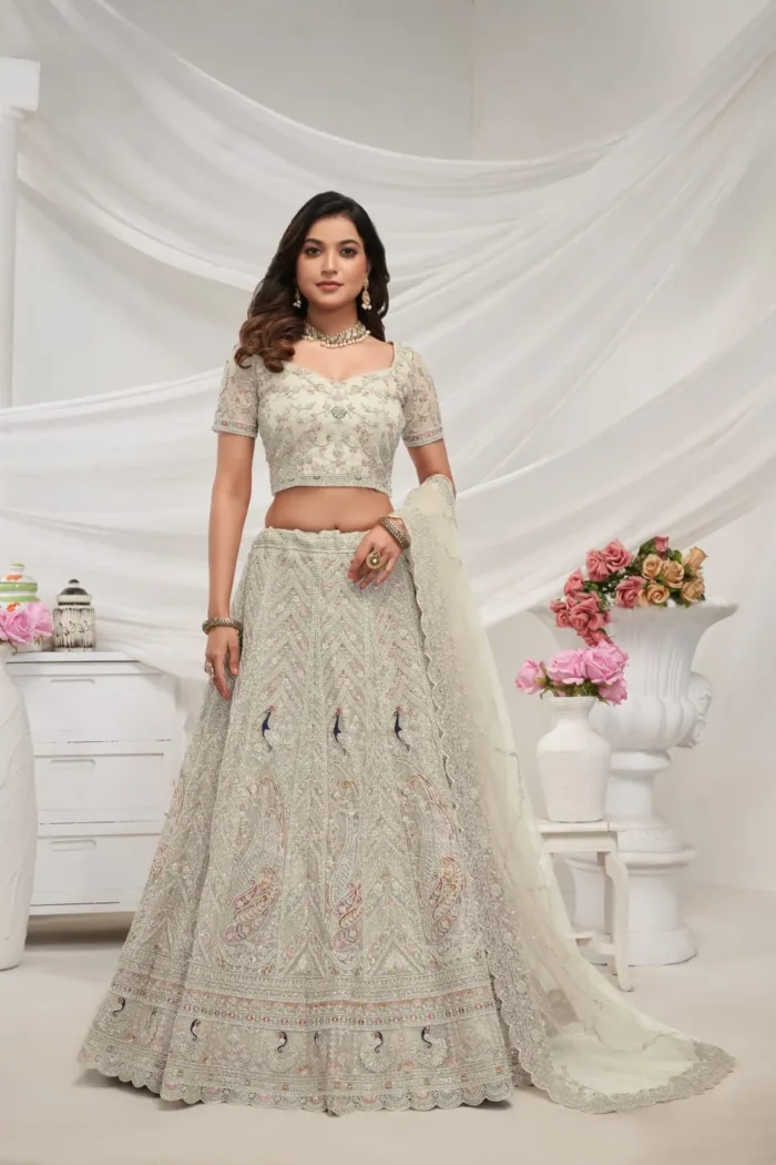 Ivory White color sequins stone work soft net bridal lehenga choli