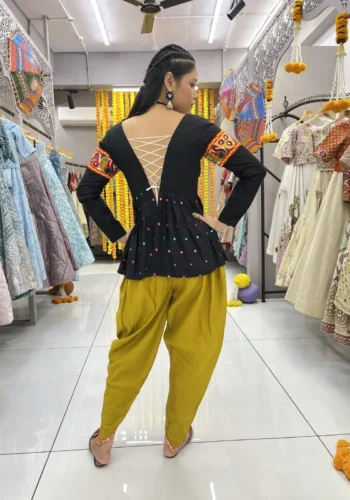 kedia and dhoti set for navratri & garba with yellow dhoti and black kedia