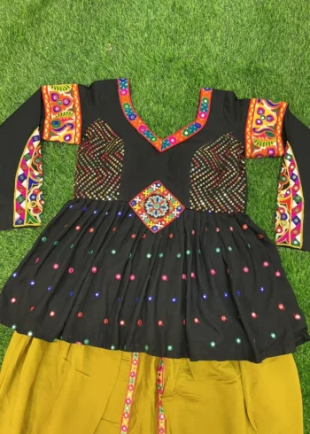 kedia and dhoti set for navratri & garba with yellow dhoti and black kedia