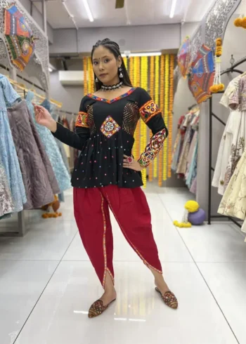 kedia and dhoti set for navratri & garba with rani color dhoti and black kedia