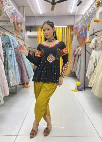 kedia and dhoti set for navratri & garba with yellow dhoti and black kedia