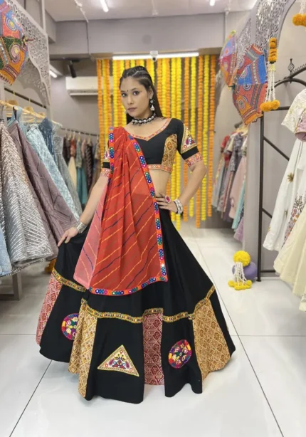 black rang tali lehenga choli for navratri with kurta for garba