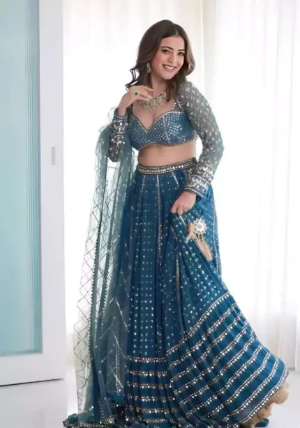 blue color faux georgette embroidered party wear and bridal lehenga choli