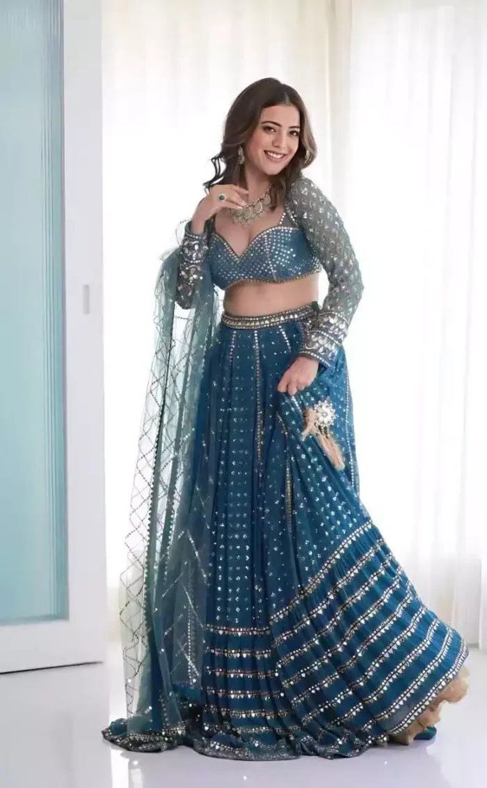 blue color faux georgette embroidered party wear and bridal lehenga choli