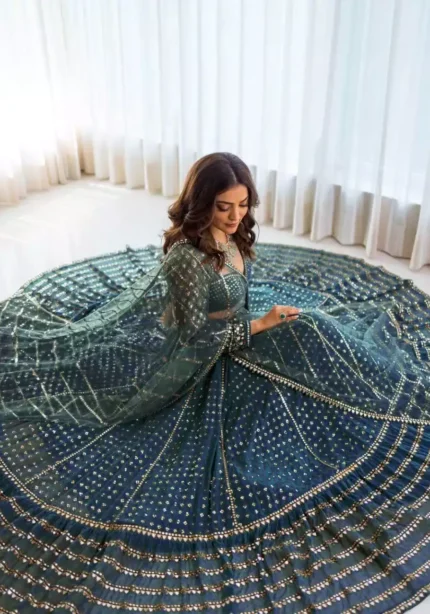 blue color faux georgette embroidered party wear and bridal lehenga choli